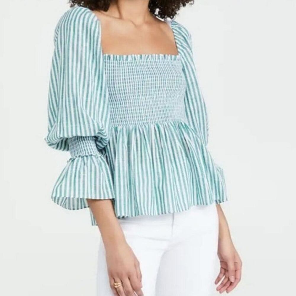 Cinq à Sept Adly Green White Stripe Smocked Puff Sleeve Peplum Top M - Picture 10 of 15